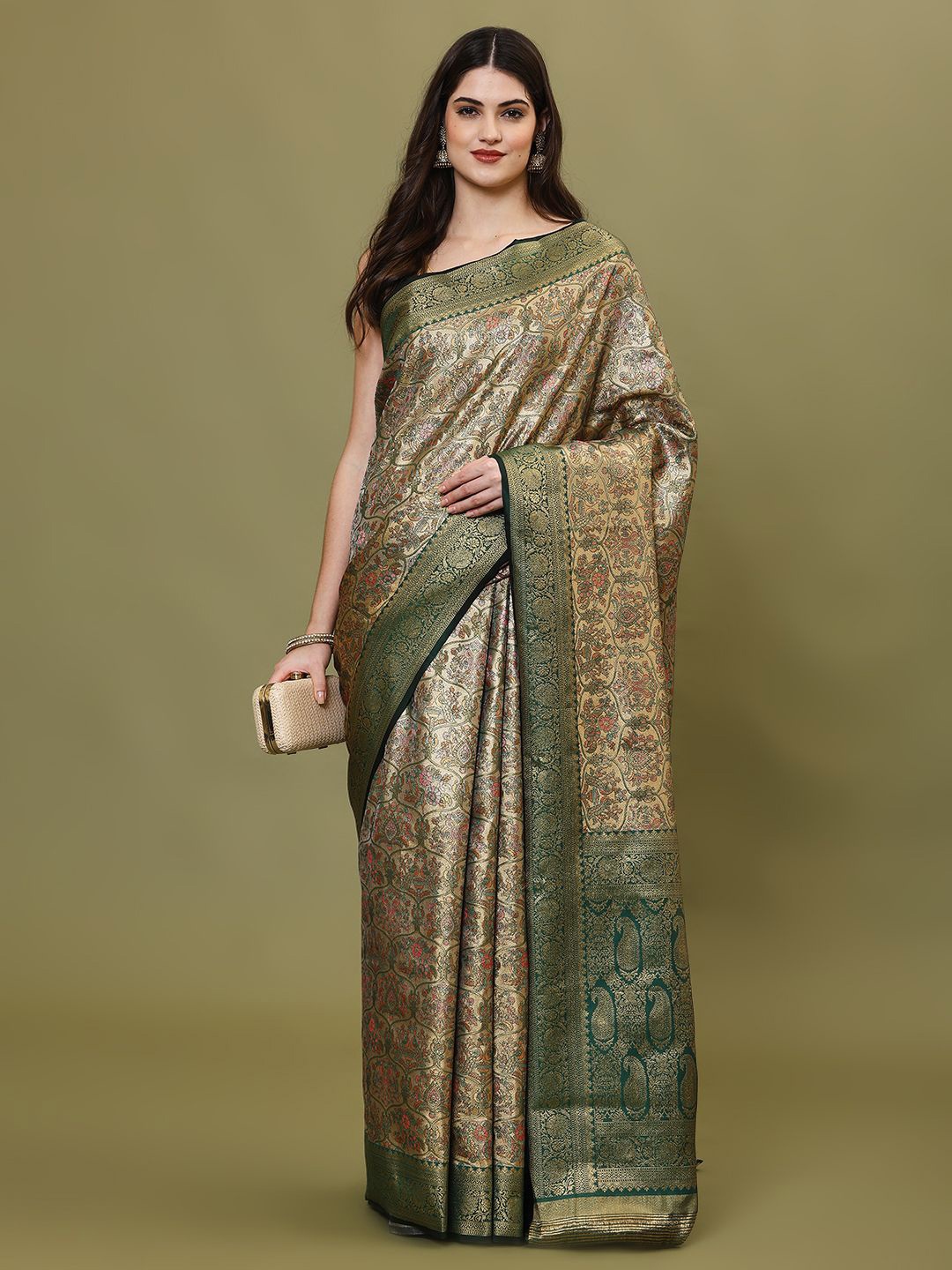 

Meena Bazaar Ethnic Motifs Woven Design Art Silk Heavy Work Saree, Green