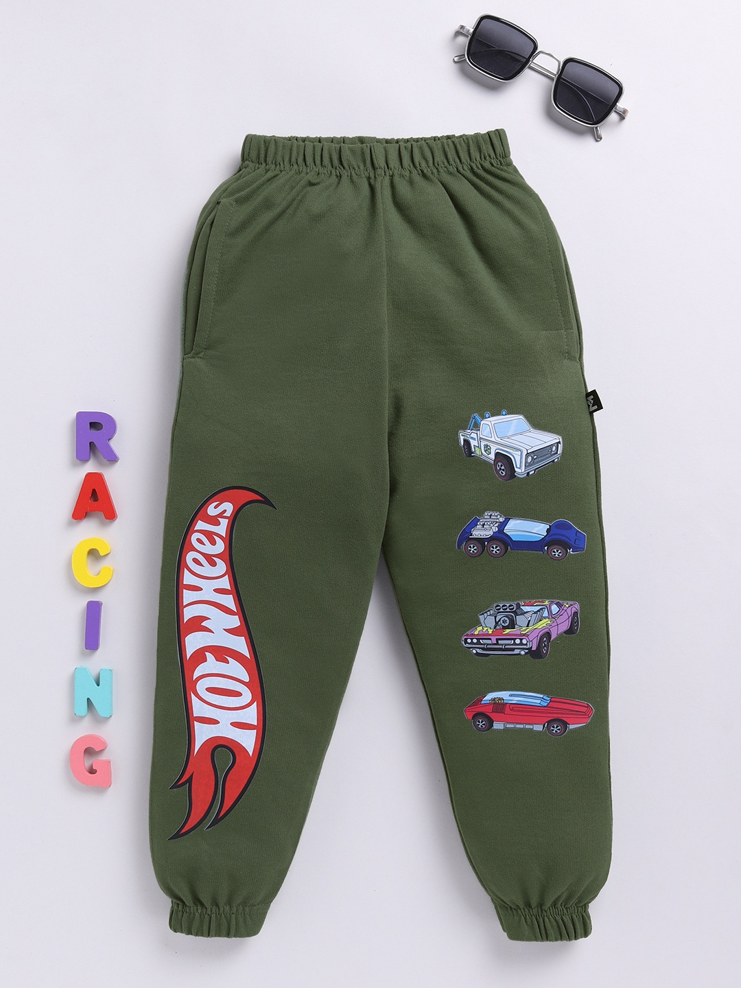 

YK X Minute Mirth Boys Hot Wheels Printed Mid-Rise Joggers, Green