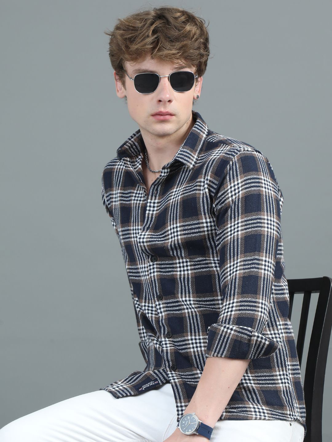

PAUL STREET Men Modern Tailored Fit Opaque Checked Casual Shirt, Blue