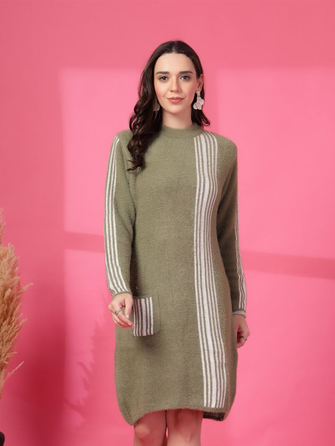 

Clora Creation Striped Woollen Dress, Olive