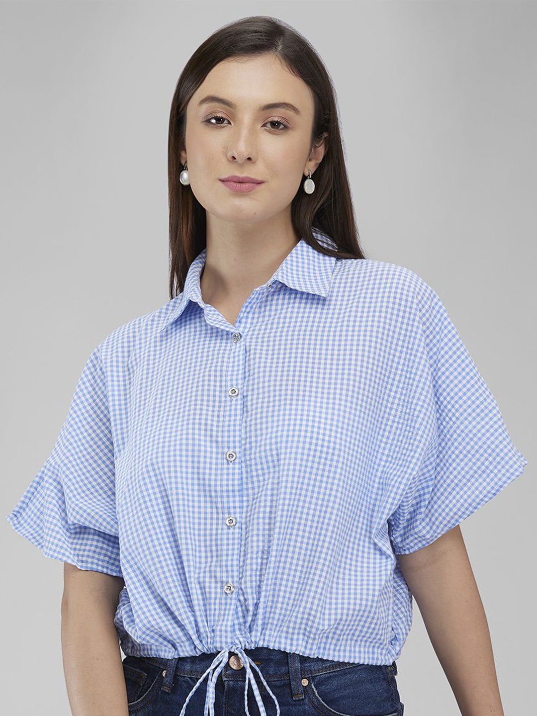 

IZEL Women Micro Checks Cotton Casual Shirt, Blue