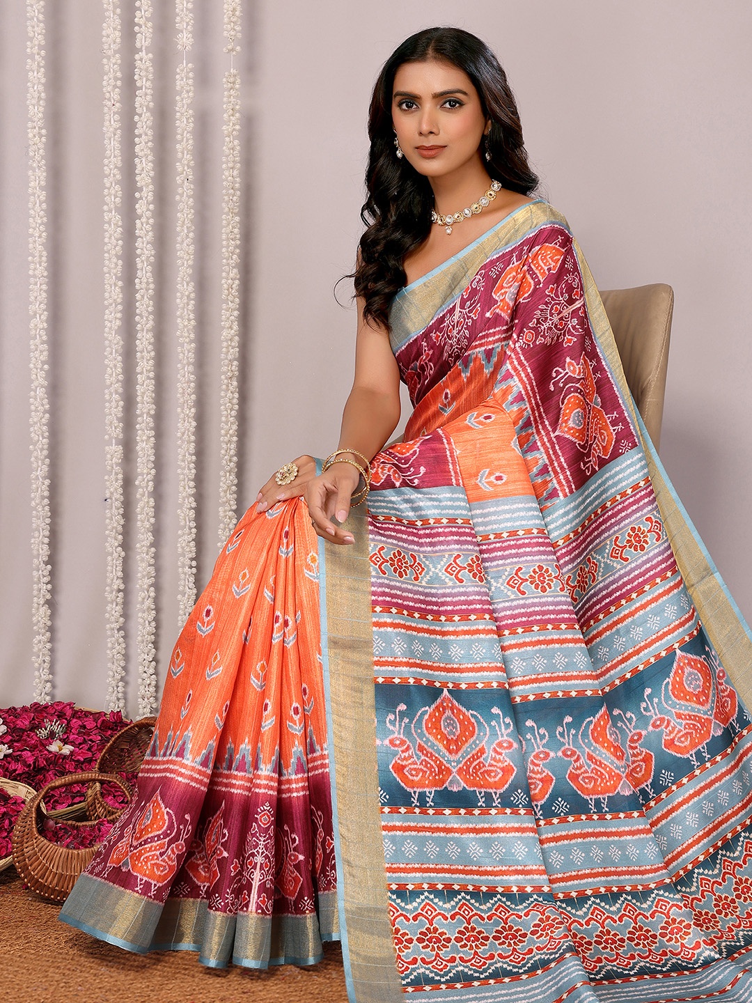 

KALINI Floral Silk Blend Chanderi Saree, Orange