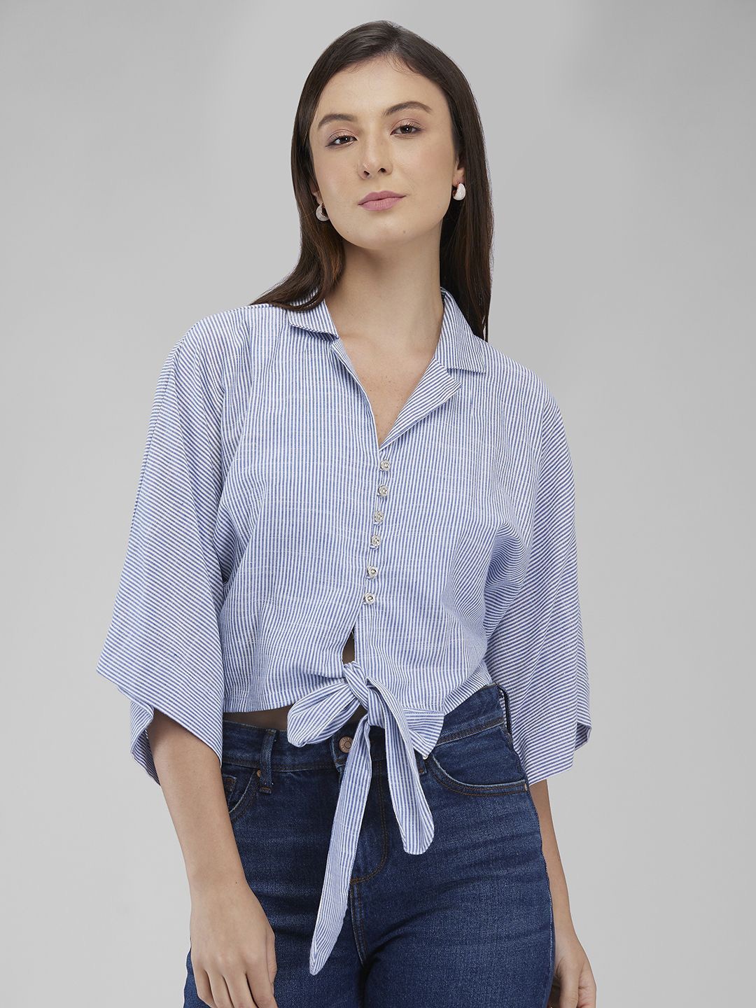 

IZEL Women Pinstripes Striped Cotton Casual Shirt, Blue