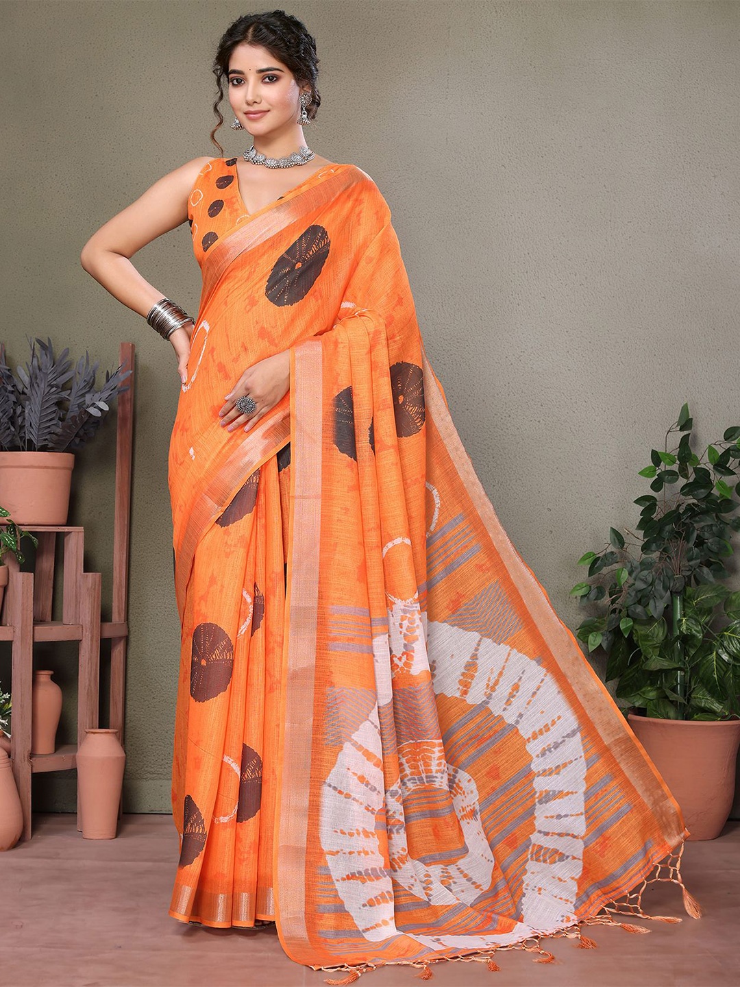 

KALINI Zari Silk Cotton Saree, Orange