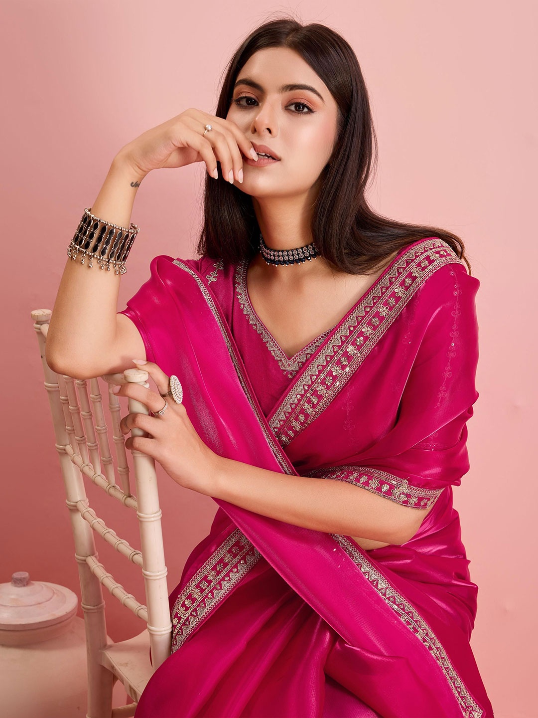 

HERE&NOW Sequinned Ready to Wear Saree, Rose