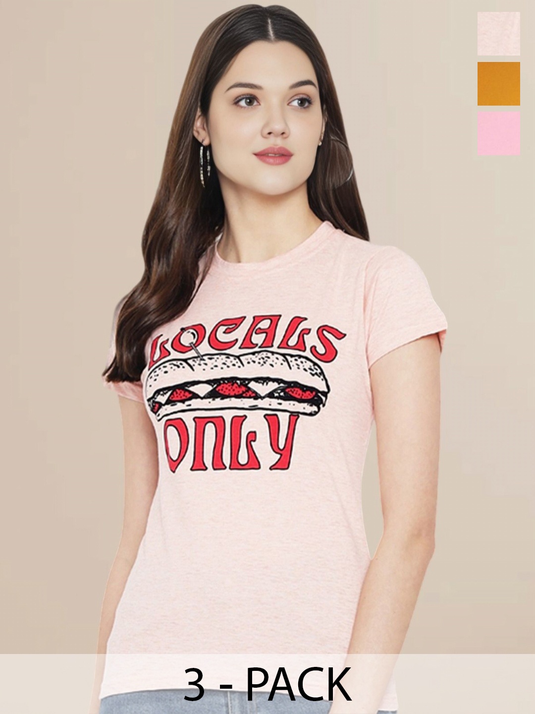 

Metronaut Women Pack Of 3 Typography Printed Round Neck Cotton T-shirts, Pink