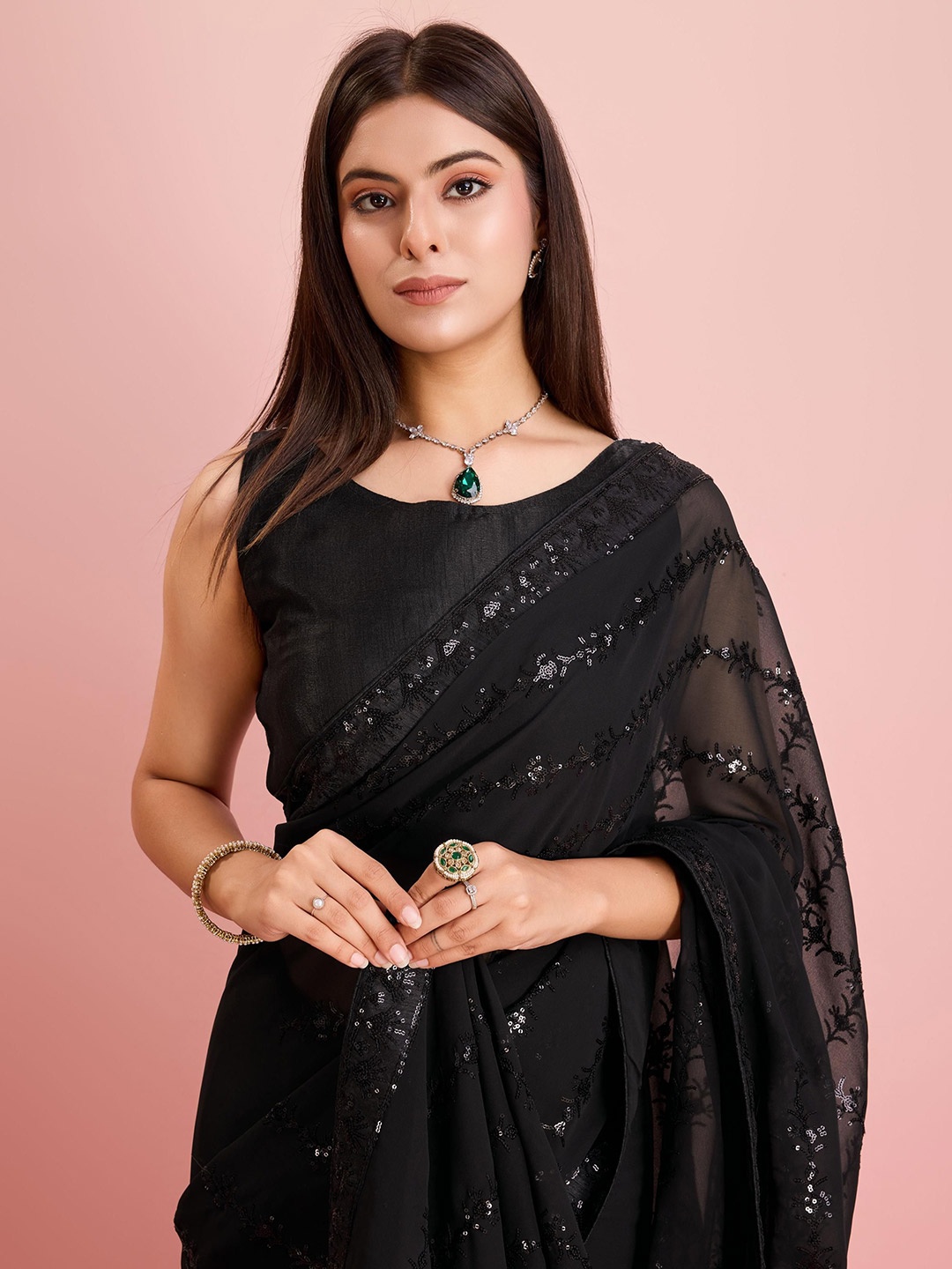 

HERE&NOW Embellished Sequinned Ready to Wear Saree, Black