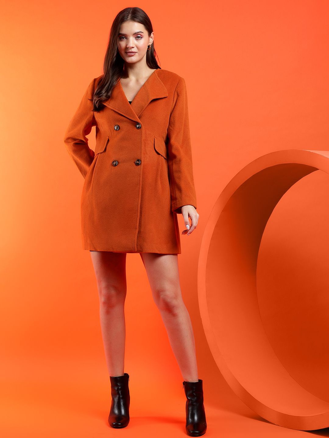

Stylecast X Kotty Women Notched Lapel Double Breasted Overcoat, Orange