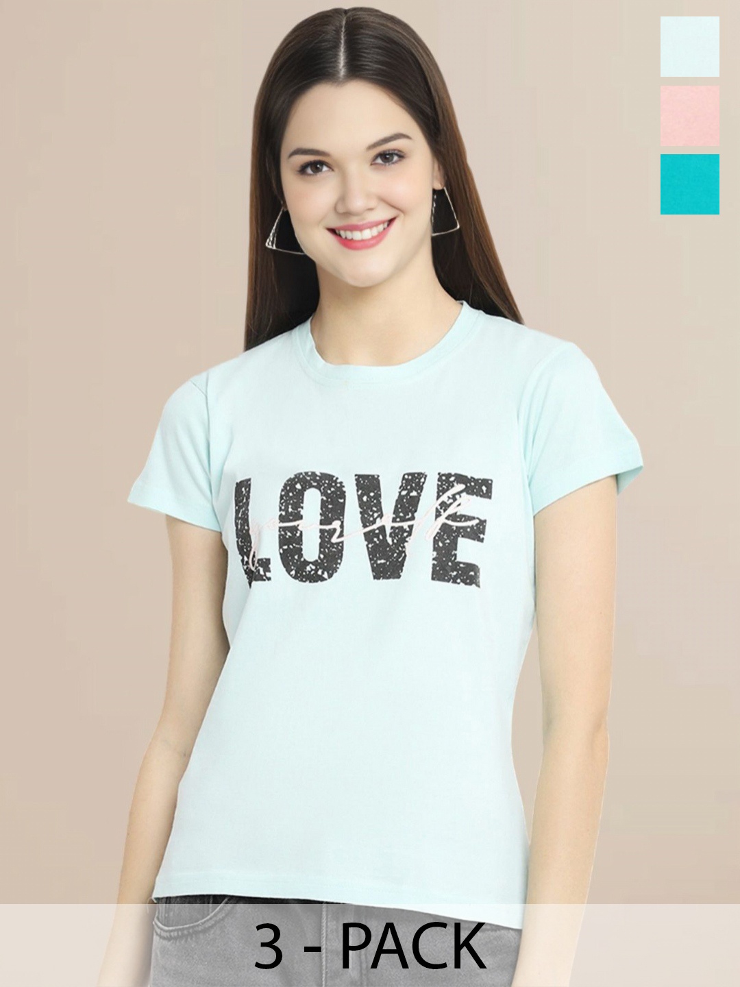 

Metronaut Women Pack Of 3 Typography Printed Round Neck Cotton T-shirts, Peach