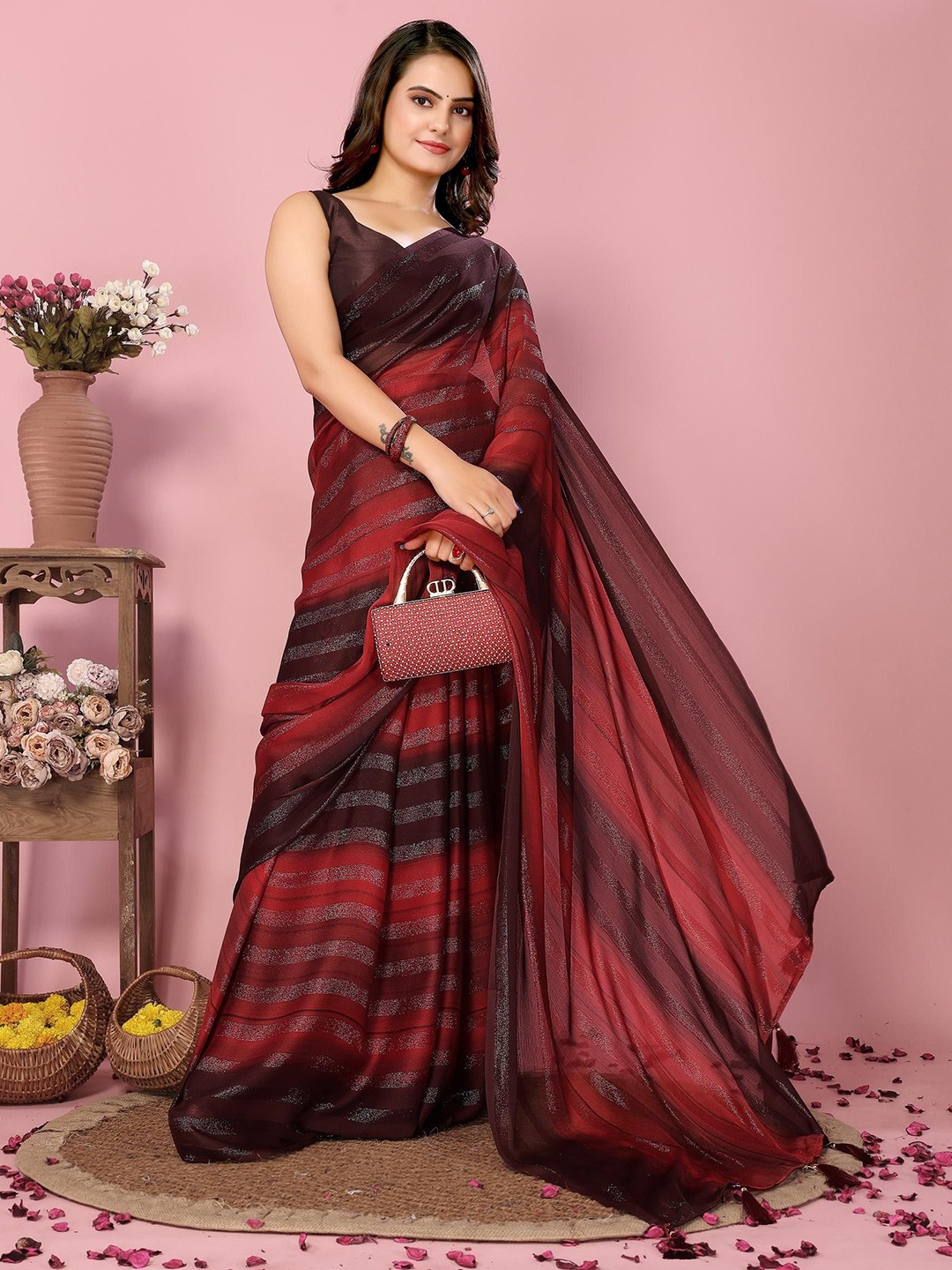 

HERE&NOW Striped Ready to Wear Saree, Maroon
