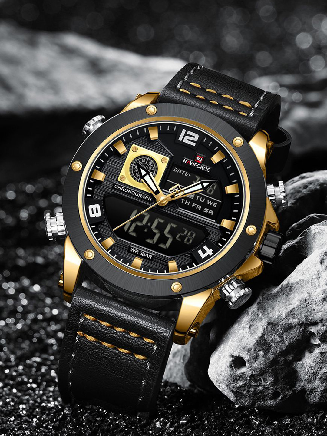 

Naviforce Men Chronograph Leather Straps Analogue and Digital Watch NF9236 G B G_, Black