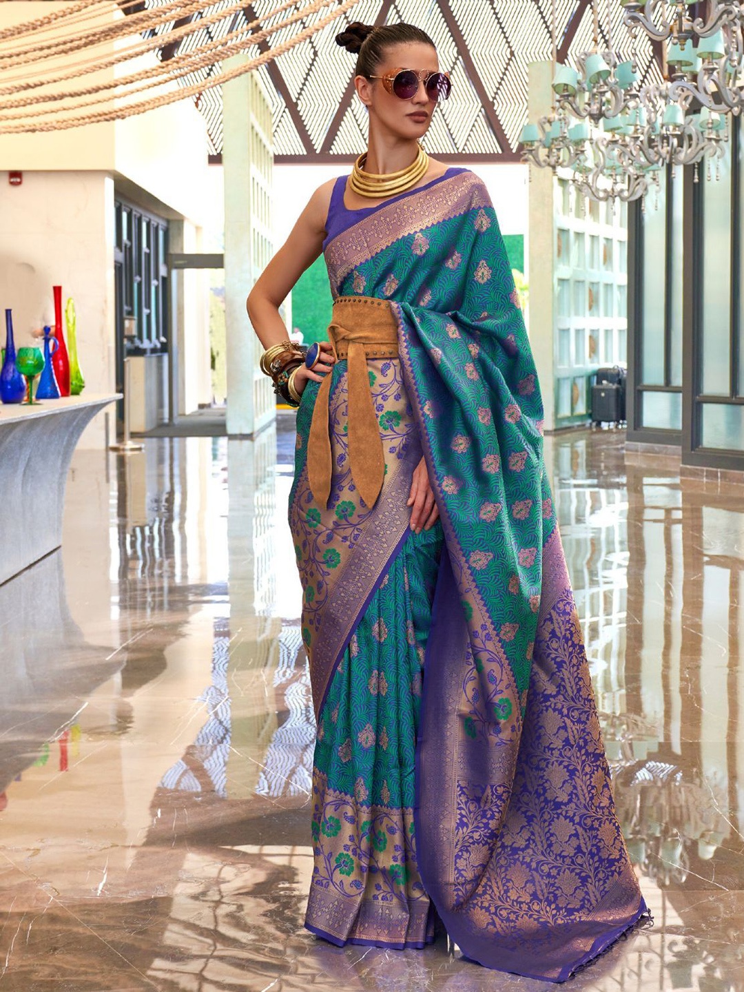 

ODETTE Woven Design Zari Silk Blend Saree, Blue