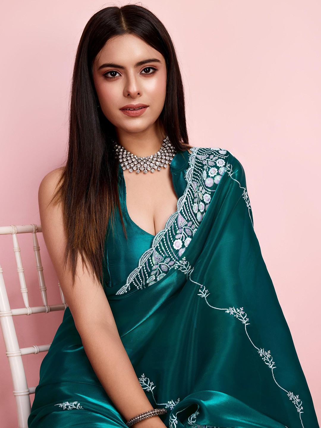 

HERE&NOW Embroidered Sequinned Ready to Wear Saree, Green
