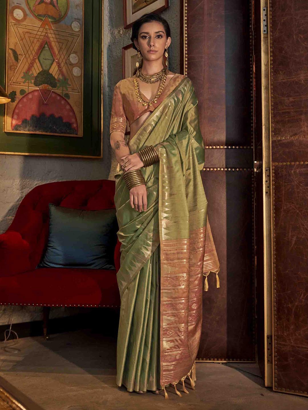 

Mitera Woven Design Zari Silk Blend Tussar Saree, Green