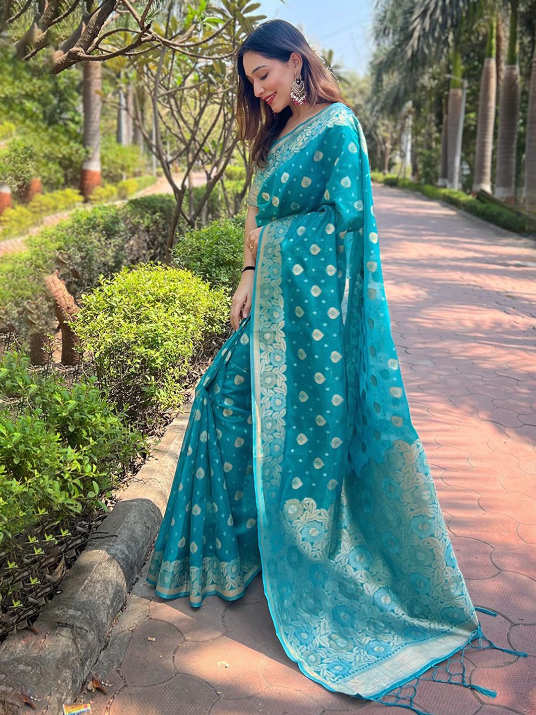 

DEVATITHI Woven Design Zari Organza Saree, Blue