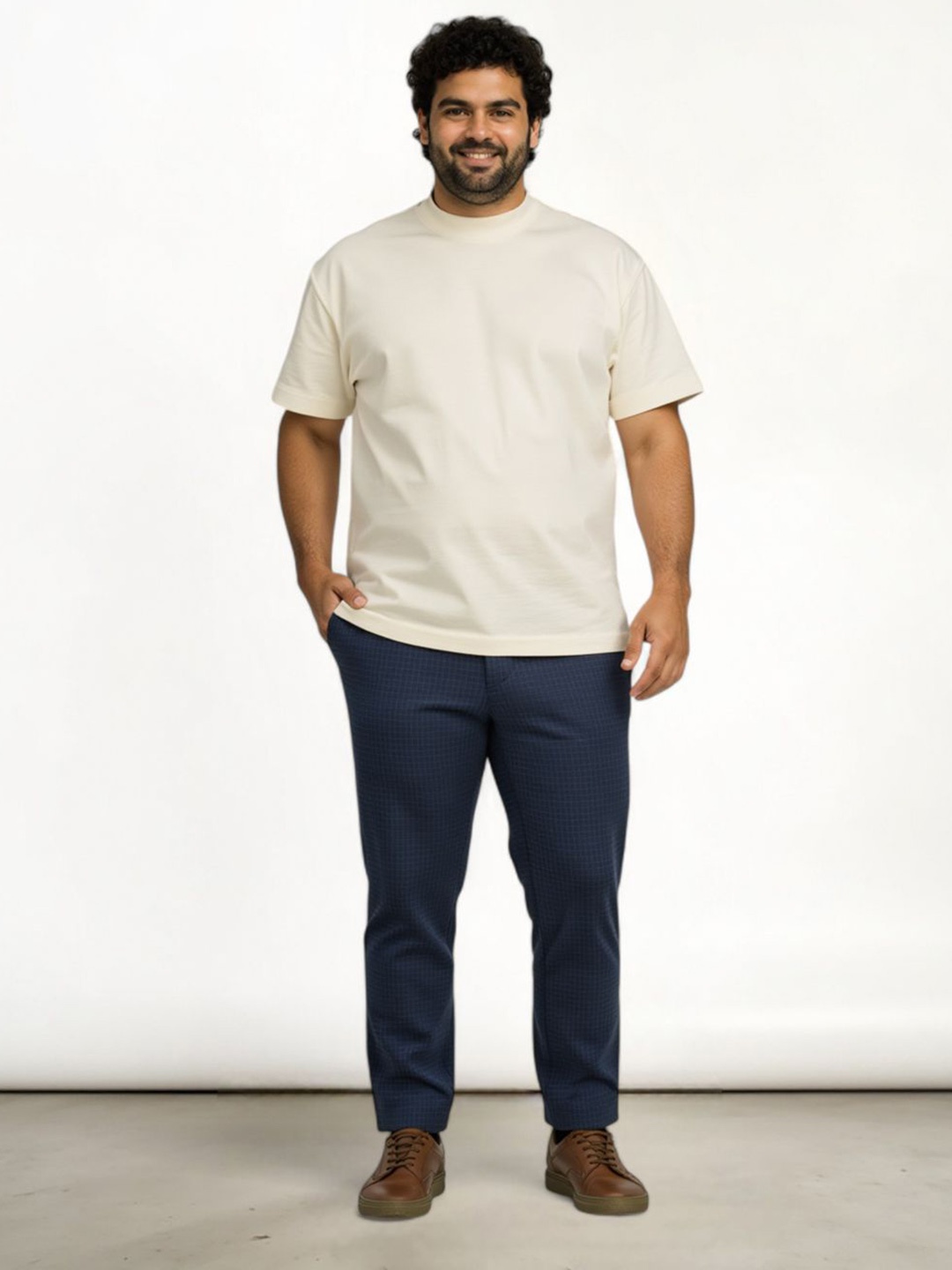 

The Pant Project Men Plus Size Checked Comfort Slim Fit Wrinkle Free Trousers, Navy blue