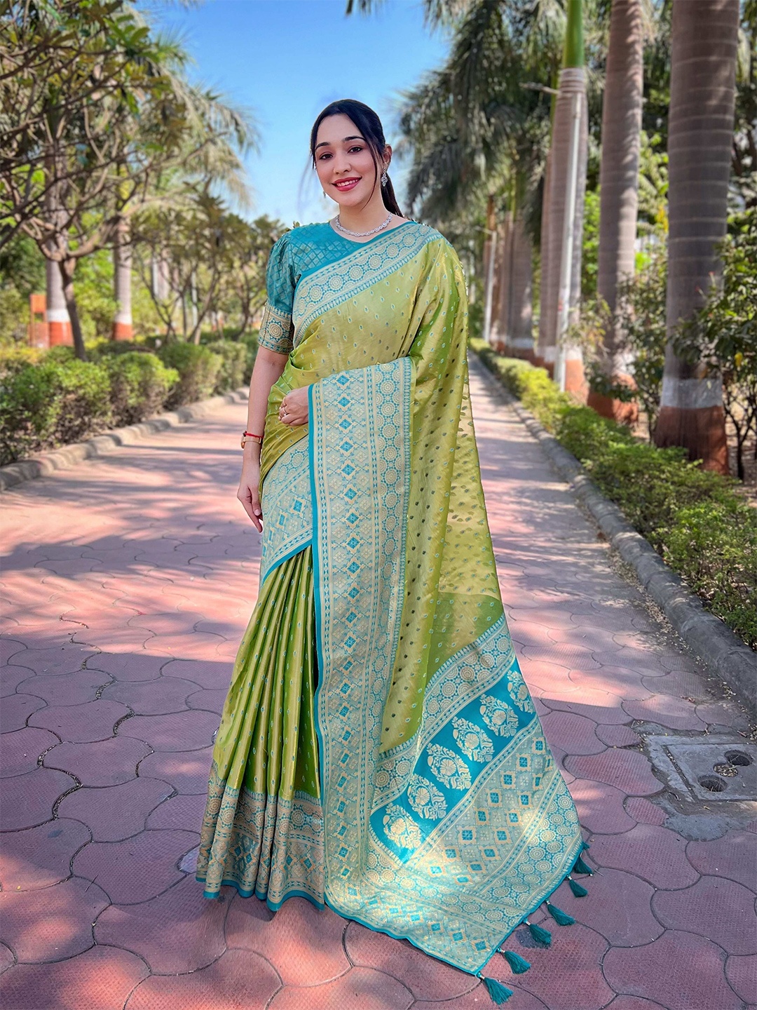 

DEVATITHI Woven Design Zari Tissue Saree, Green