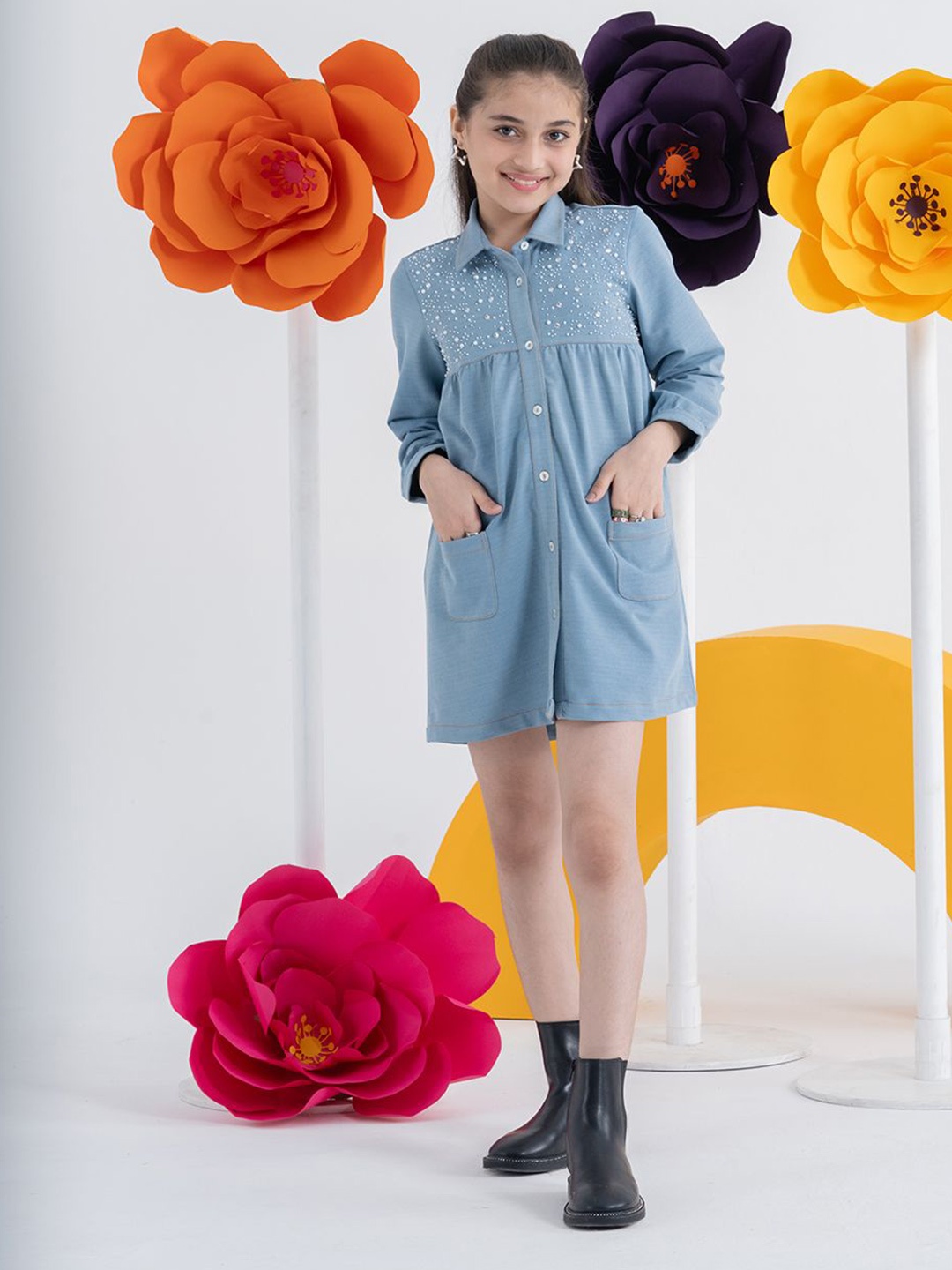 

SPUNKIES Girls Embellished Embroidered Shirt Mini Dress, Blue