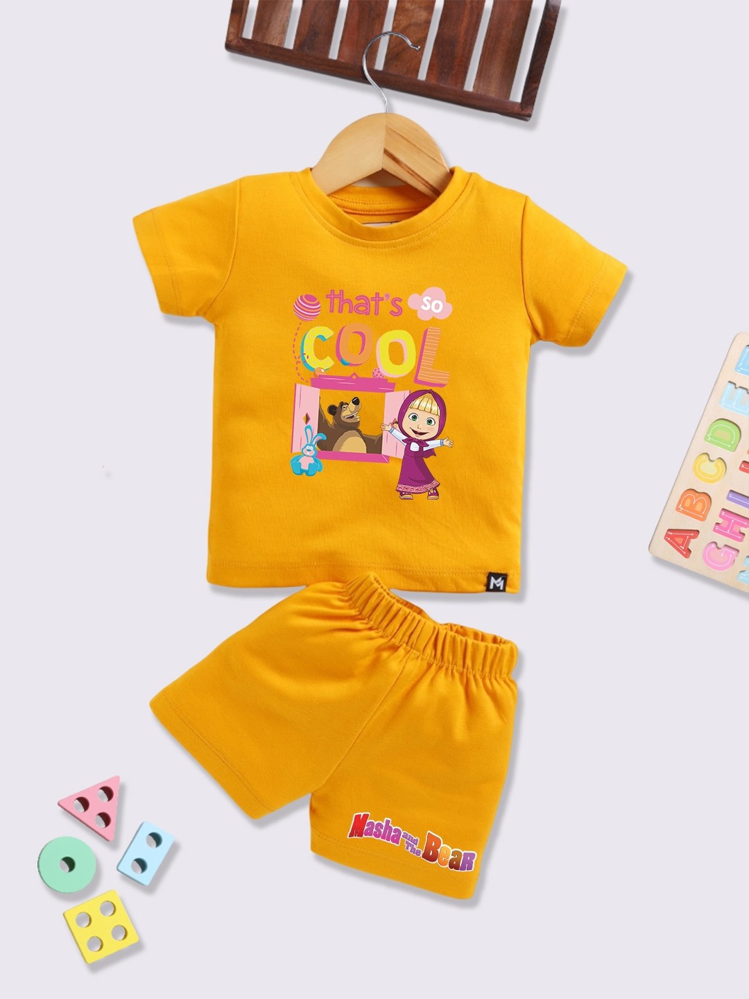 

YK X Minute Mirth Infants Girls Masha and the Bear Printed Pure Cotton Top with Shorts, Mustard