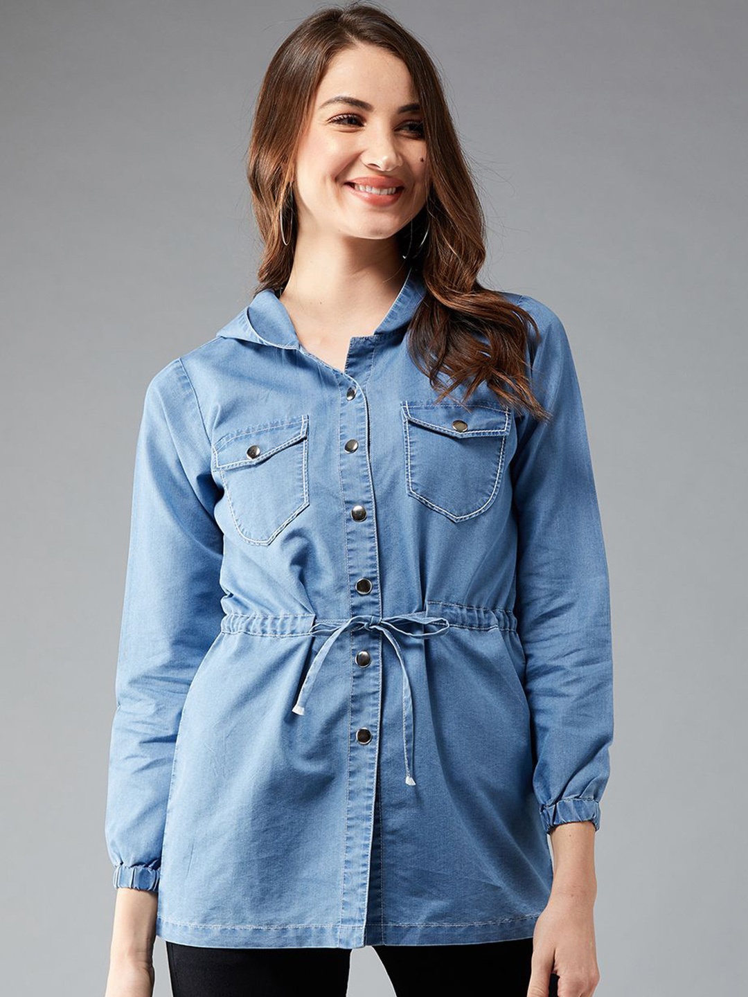

DOLCE CRUDO Women Denim Jacket with Patchwork, Blue