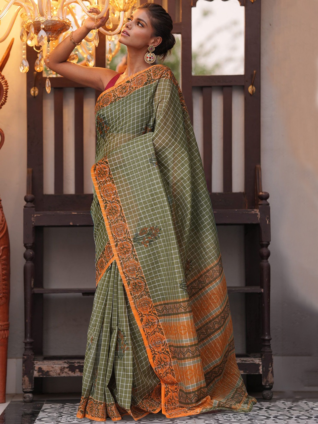 

Unnati Silks Ethnic Motifs Pure Cotton Mangalagiri Saree, Green