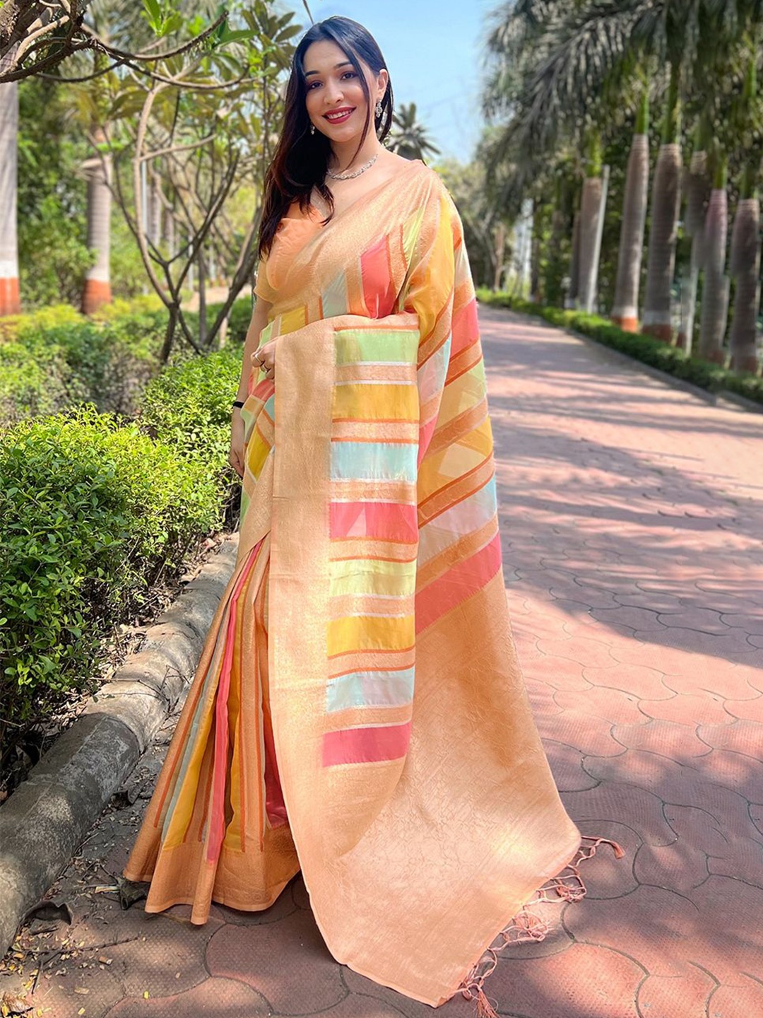 

DEVATITHI Striped Zari Organza Saree, Orange