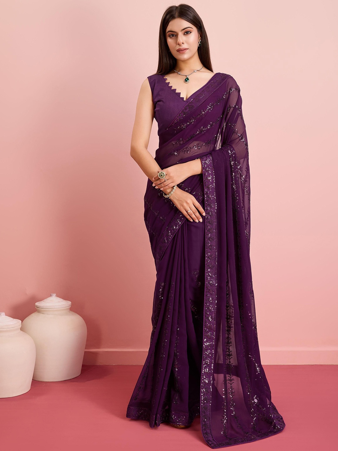 

HERE&NOW Embellished Sequinned Poly Georgette Ready to Wear Saree, Magenta