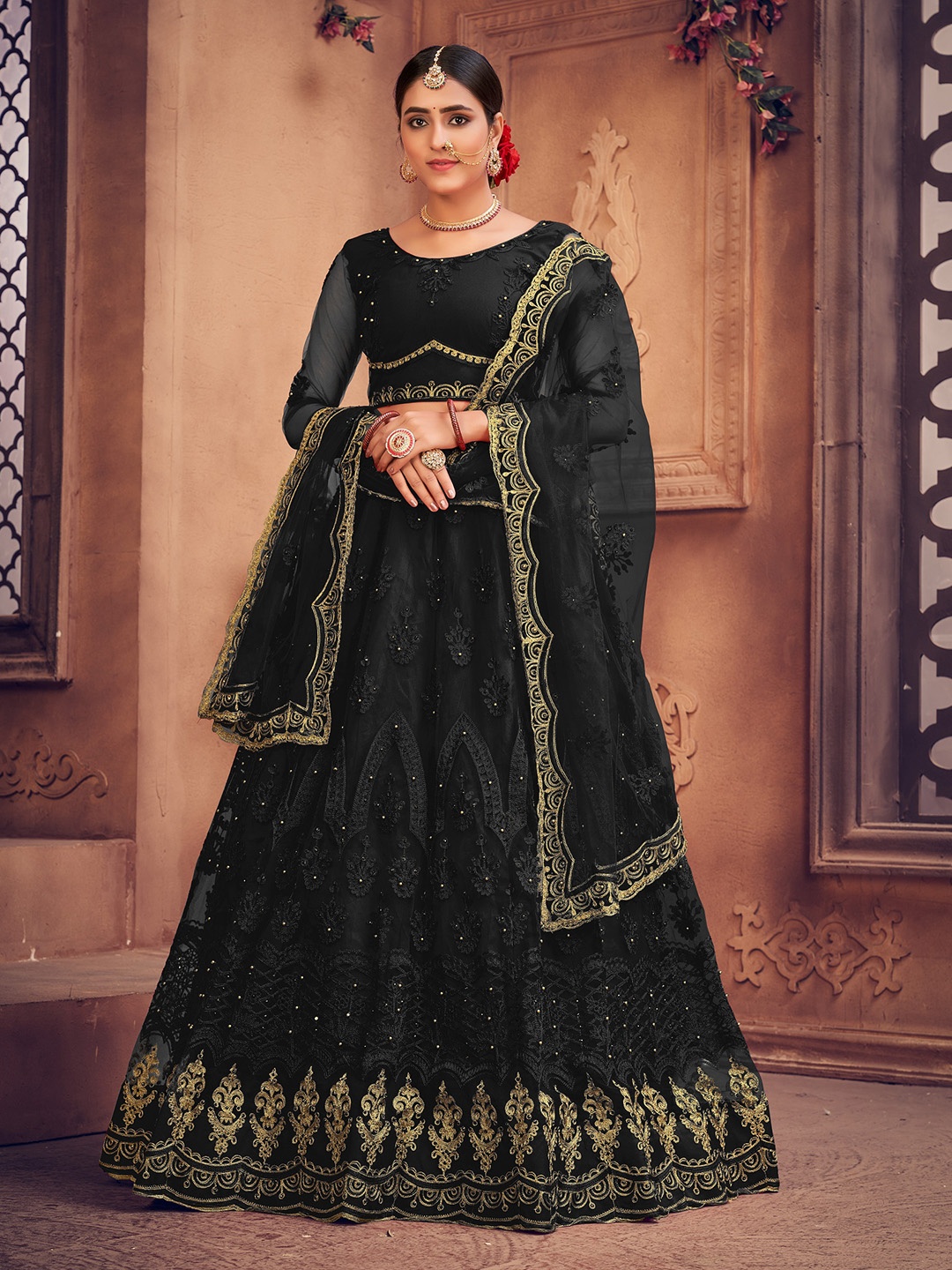 

Warthy Ent Embroidered Beads and Stones Semi-Stitched Lehenga & Unstitched Blouse With Dupatta, Black