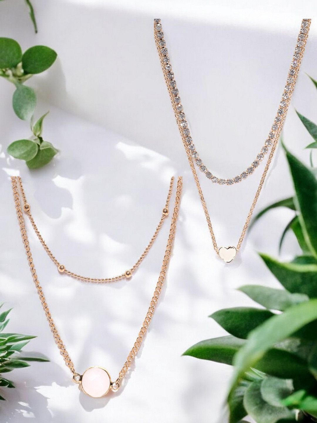 

DressBerry Set Of 2 Crystals Layered Necklace, Gold