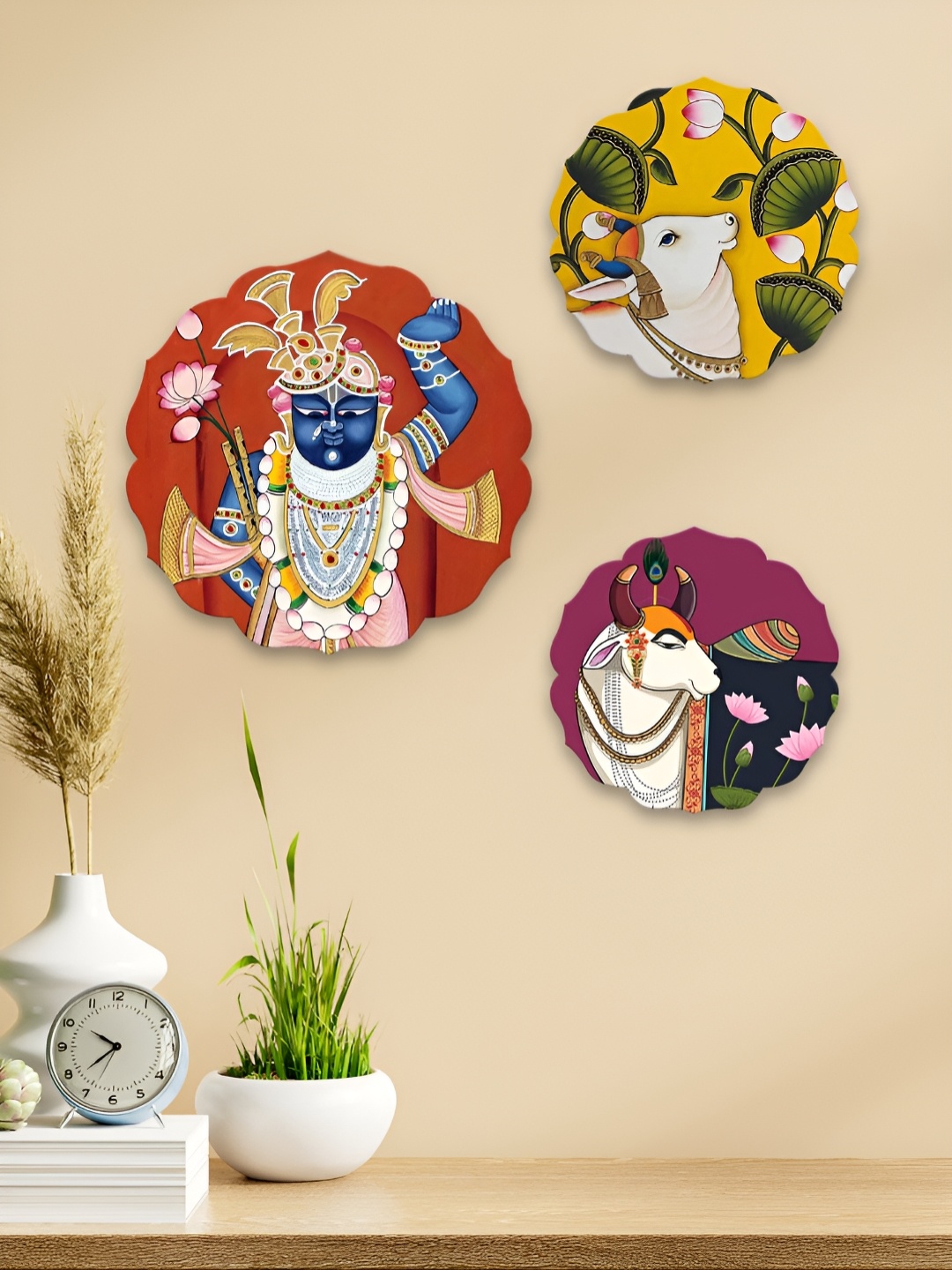 

ArtVibes 3-Pcs Maroon & Yellow Pichwai Printed Wooden Wall Hangings