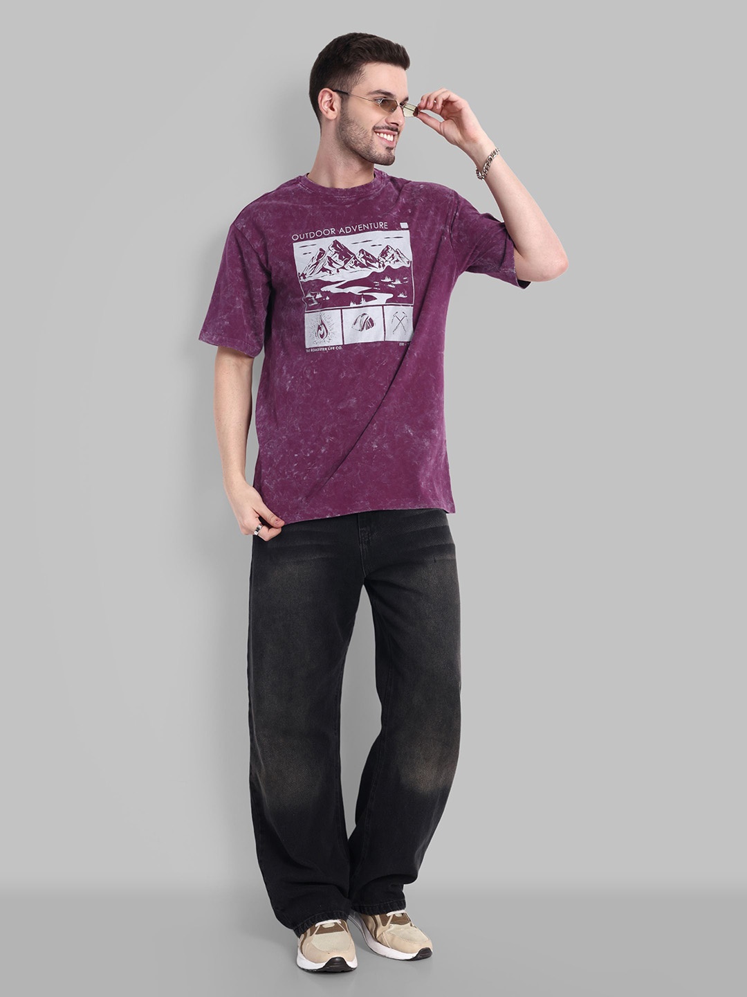 

The Roadster Lifestyle Co Printed Pure Cotton Relaxed-Fit T-Shirt, Purple