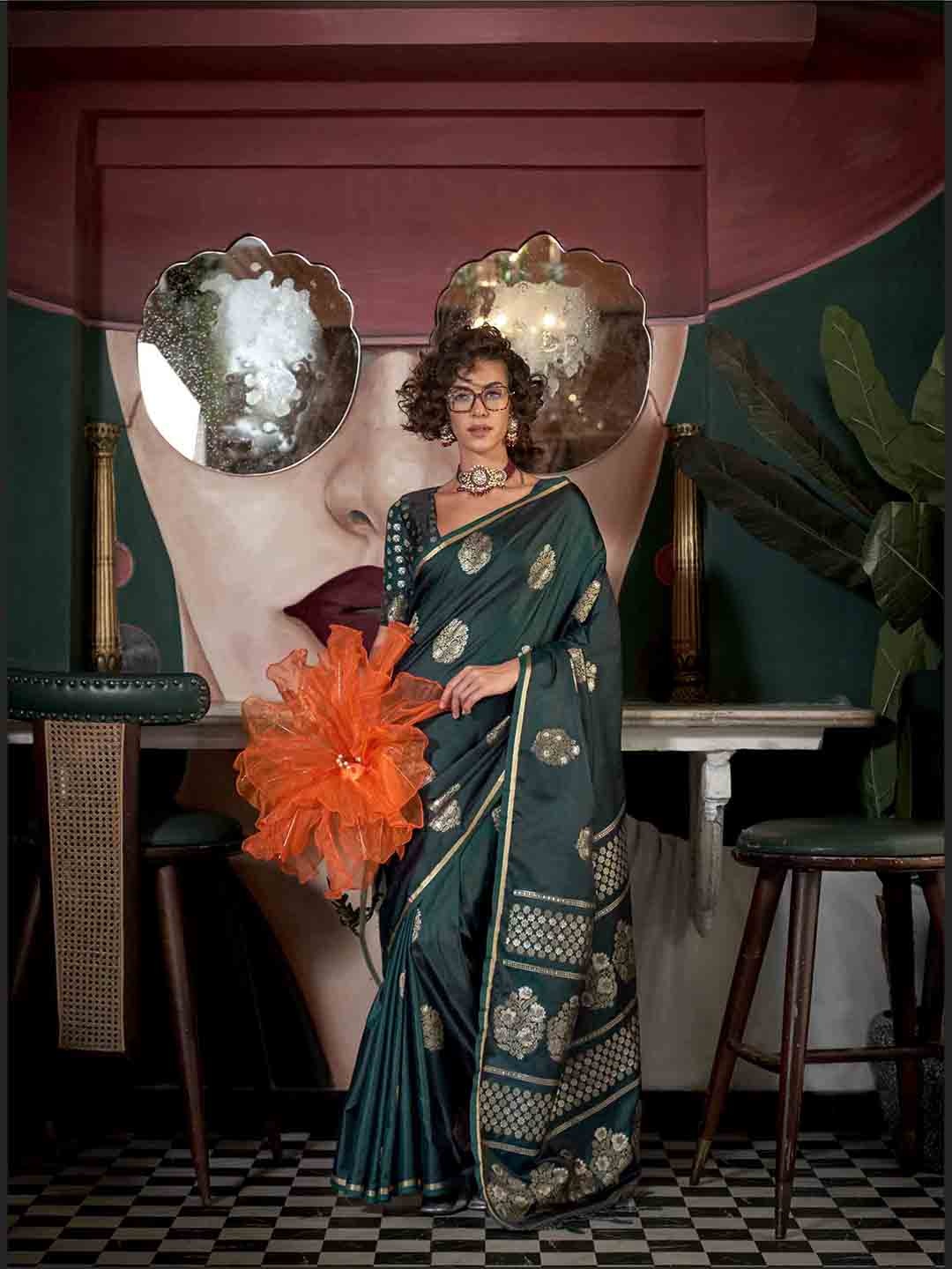 

Mitera Woven Design Zari Satin Saree, Green
