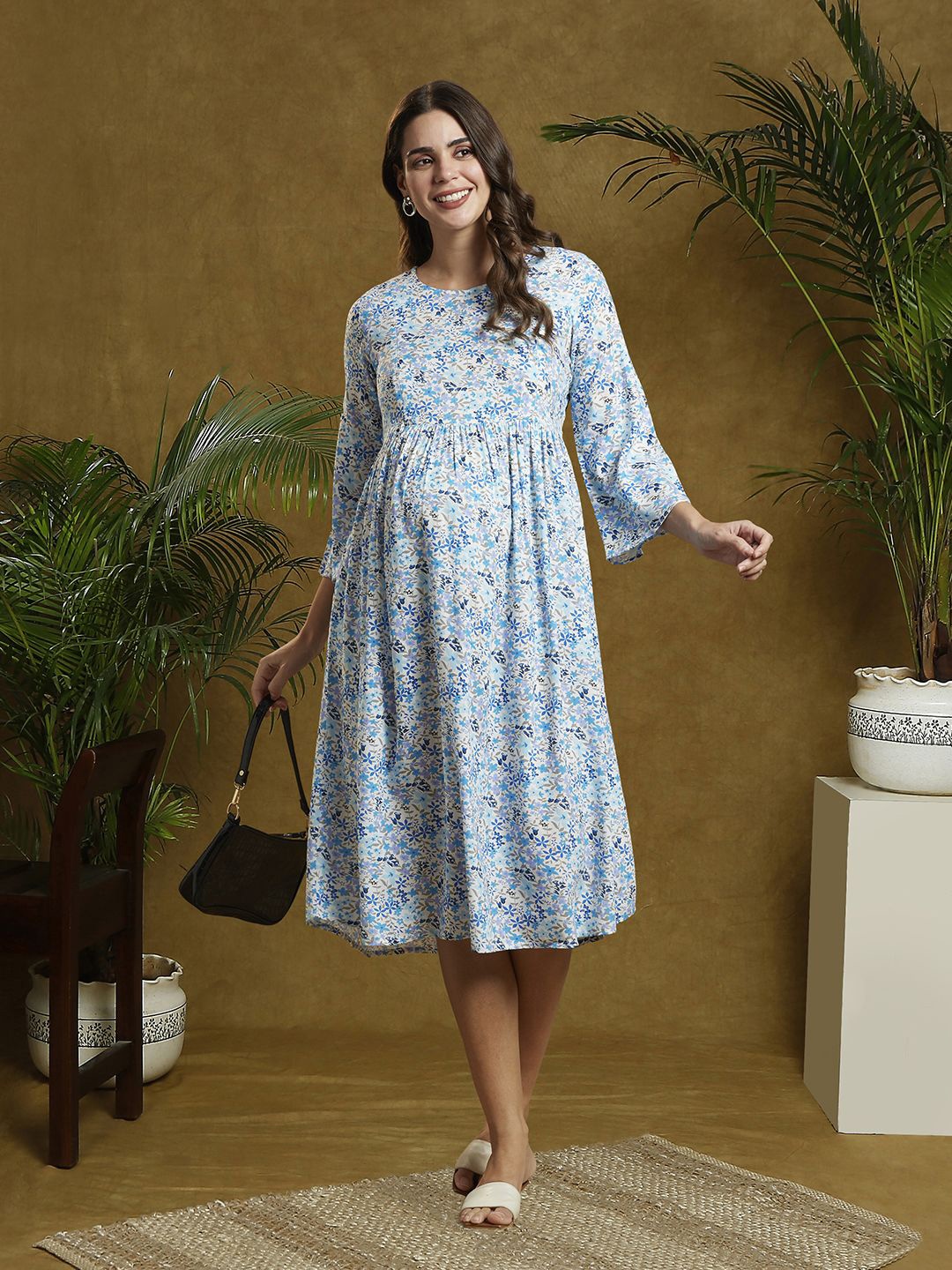 

MomToBe Floral Print Flared Sleeve Maternity Fit & Flare Midi Dress, Blue