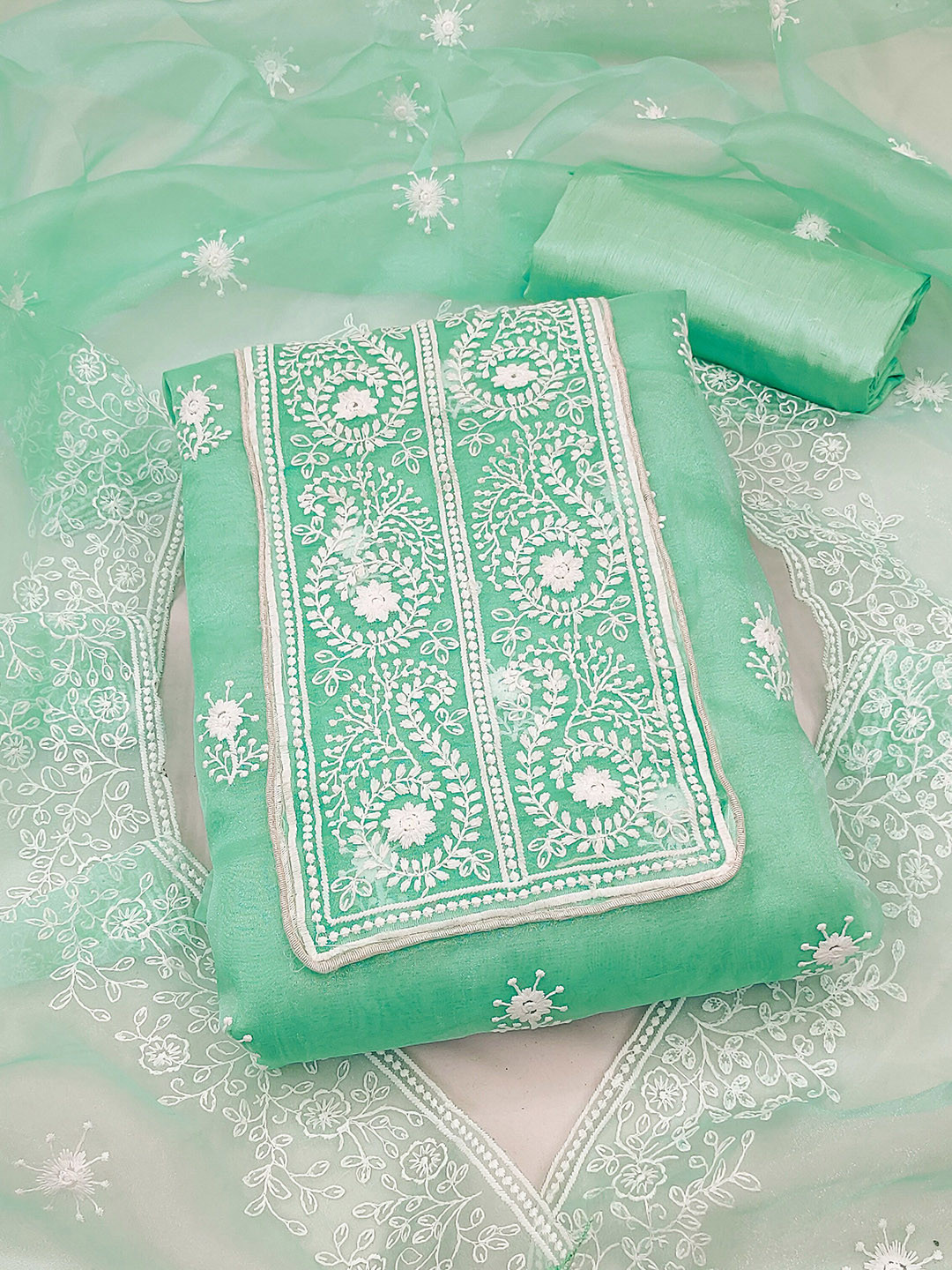 

Maroosh Embroidered Organza Unstitched Dress Material, Sea green