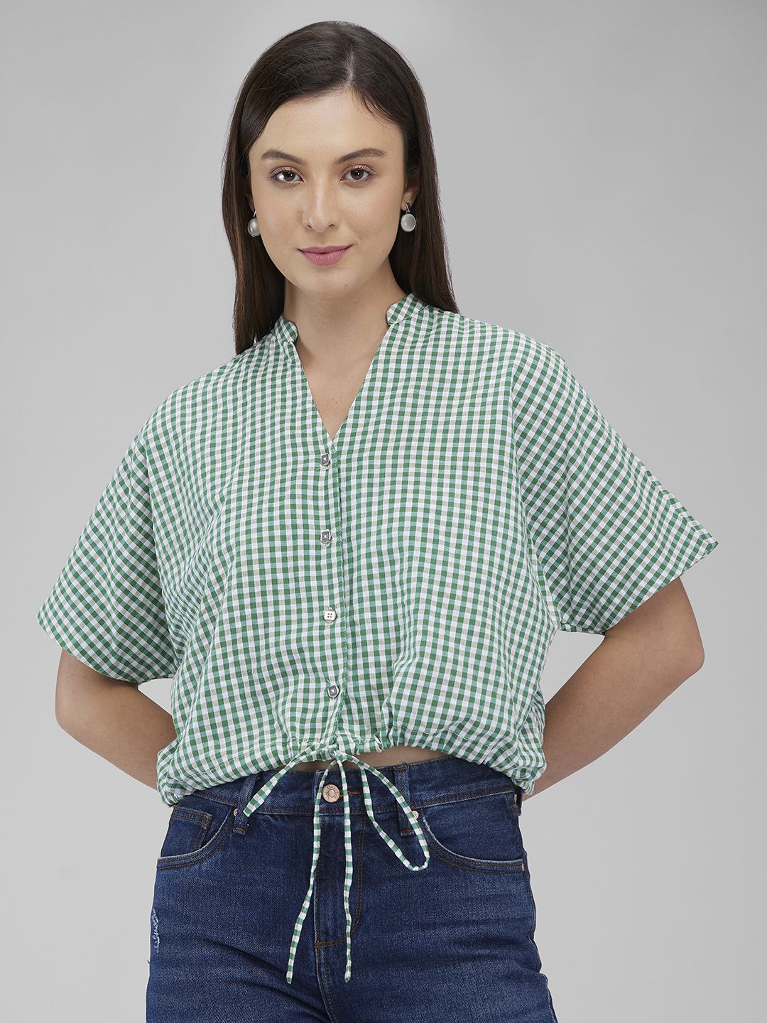 

IZEL Women Micro Checked Cotton Casual Shirt, Green