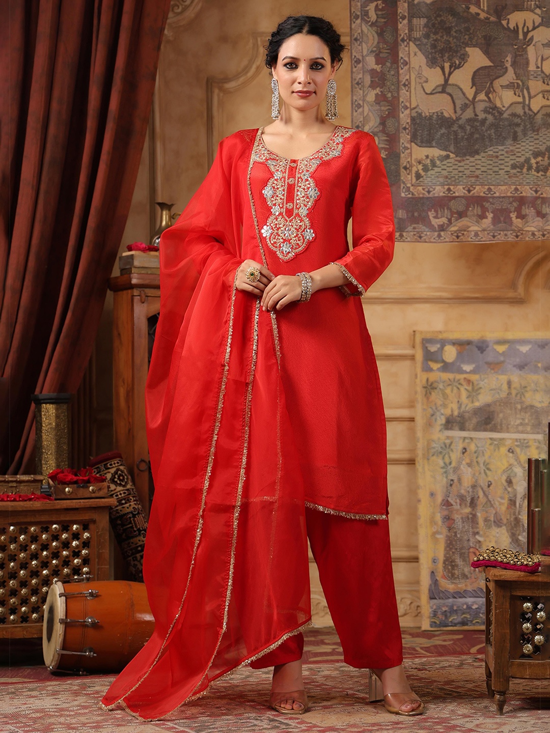 

SCAKHI Women Embroidered Regular Kurta with Salwar & With Dupatta, Red