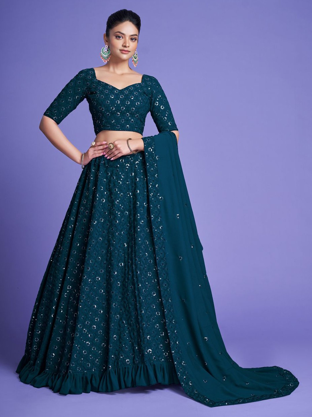 

YOYO Fashion Embroidered Sequinned Semi-Stitched Lehenga & Unstitched Blouse With Dupatta, Turquoise blue