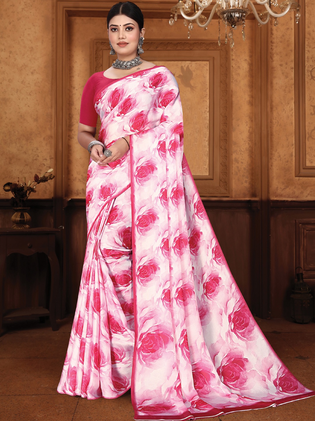 

Panzora Floral Satin Saree, Pink