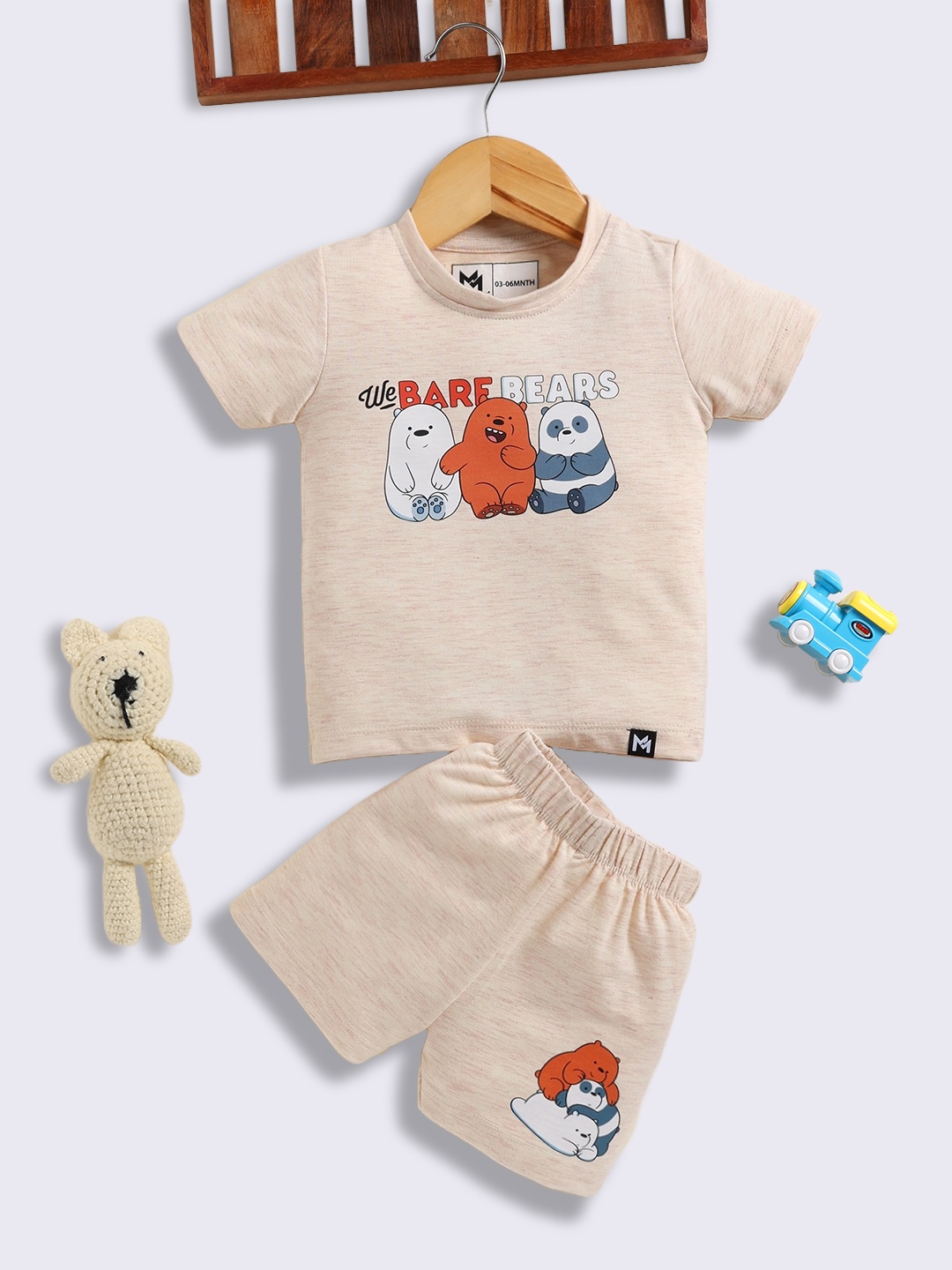 

YK X Minute Mirth Infants Girls We Bare Bears Printed Pure Cotton Top with Shorts, Beige