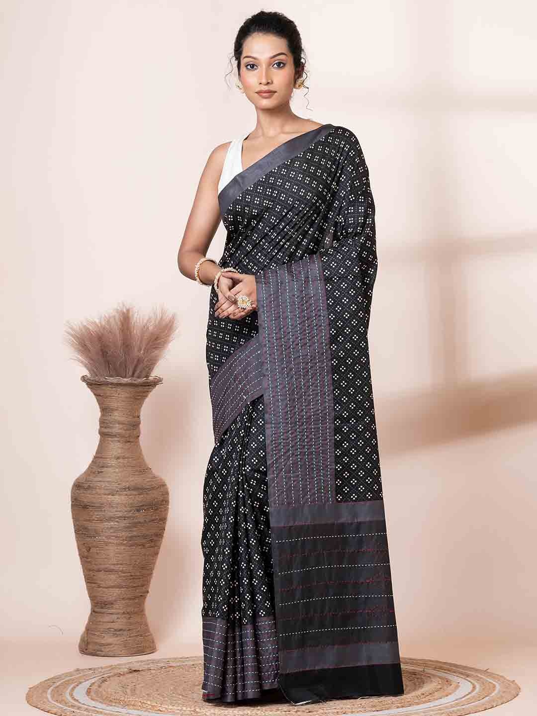 

VIBHAVARI Kantha Work Silk Blend Saree, Black