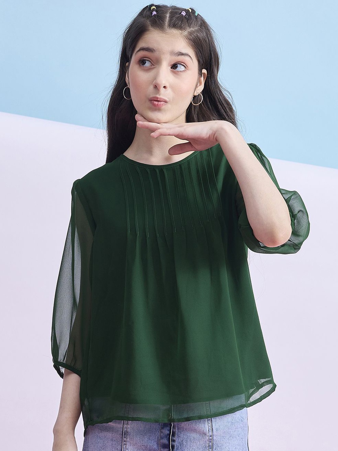 

Stylo Bug Puff Sleeve Georgette Top, Green