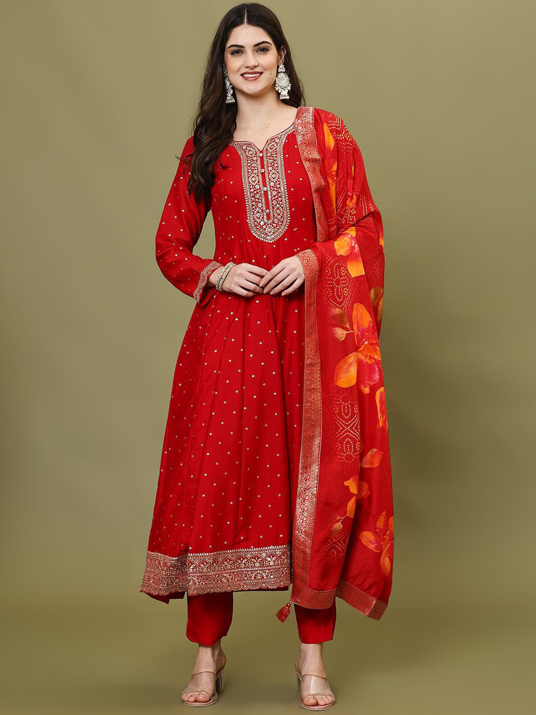 

Meena Bazaar Women Embroidered Regular Beads and Stones Kurta with Trousers & With Dupatta, Red