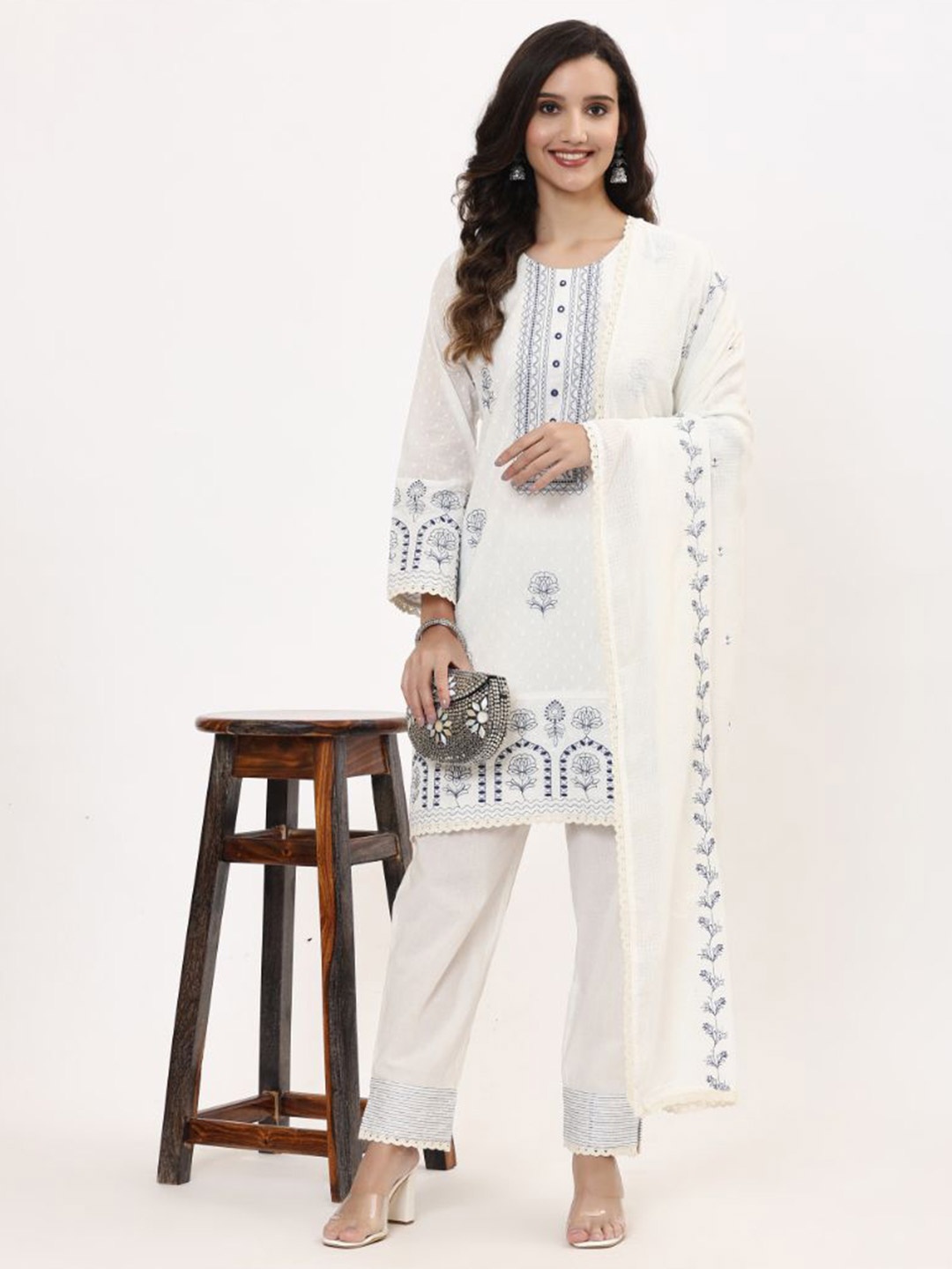 

ZARI Women Ethnic Motifs Embroidered Regular Thread Work Pure Cotton Kurta with Trousers & With Dupatta, White