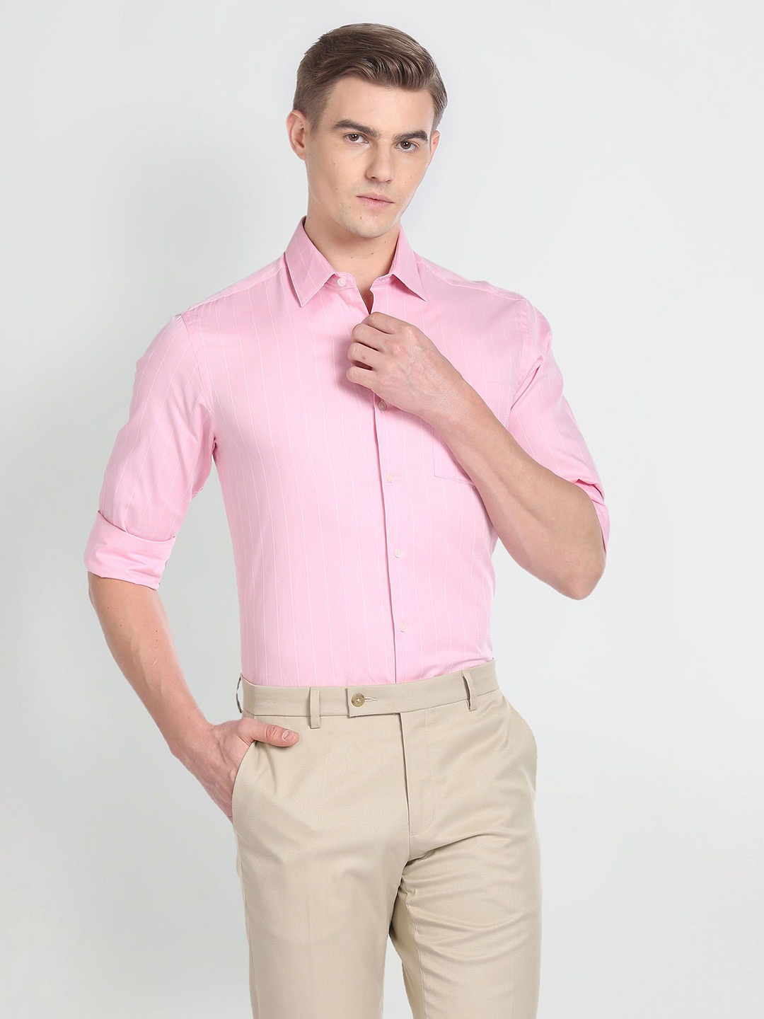 

Arrow Men Slim Fit Opaque Striped Casual Shirt, Pink