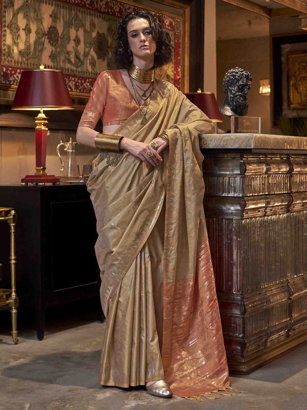 

Mitera Woven Design Zari Silk Blend Tussar Saree, Beige