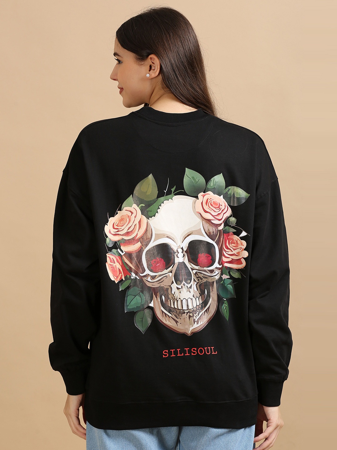 

SILISOUL Women Printed Sweatshirt, Black