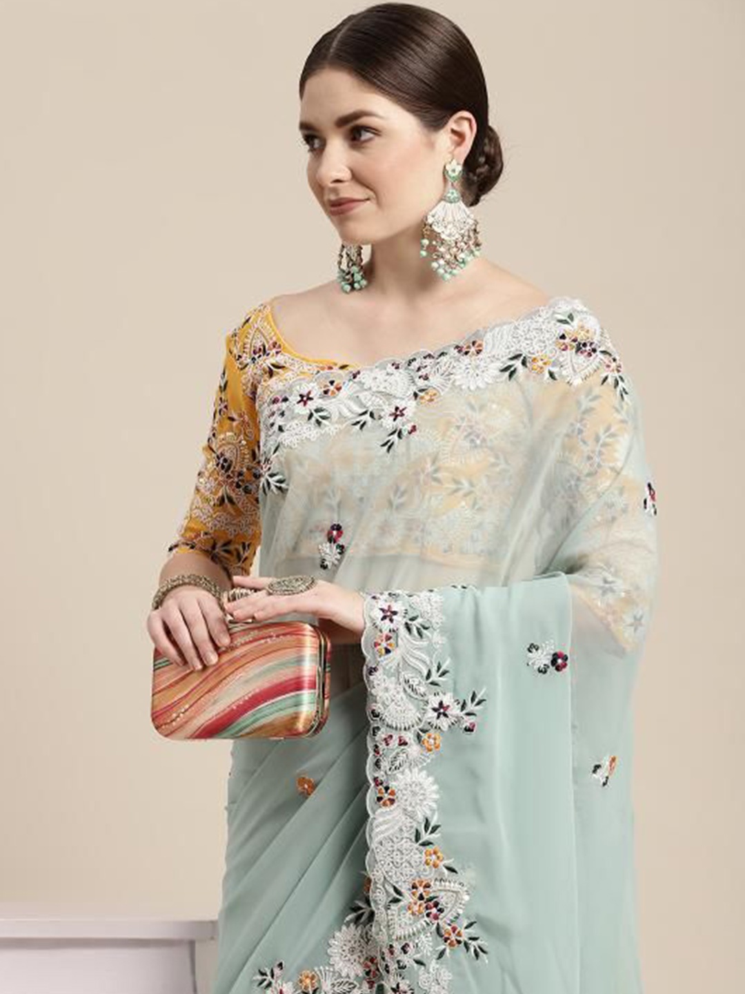 

HERE&NOW Floral Embroidered Ready to Wear Saree, Turquoise blue