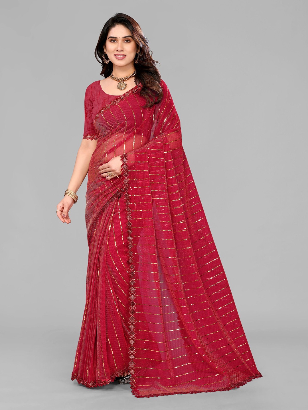 

VIJAYA VALLABH Embellished Sequinned Half and Half Saree, Red