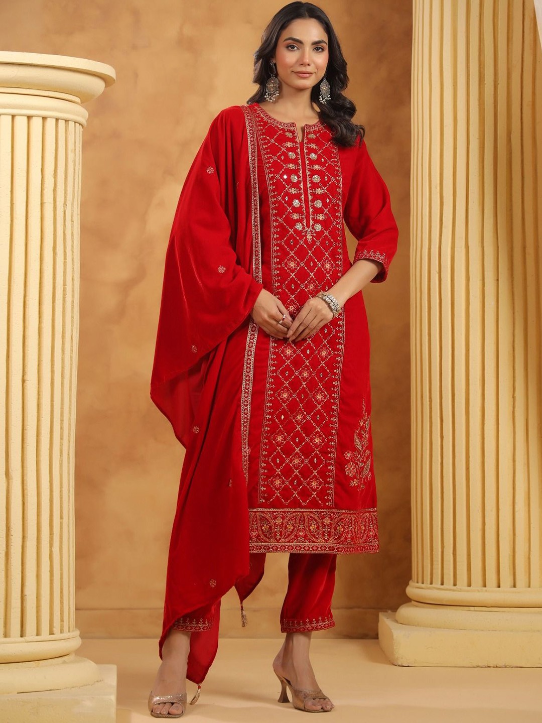 

Meena Bazaar Women Embroidered Regular Thread Work Velvet Kurta with Trousers & With Dupatta, Red