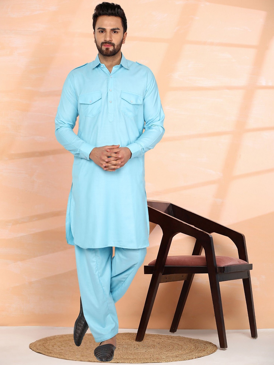 

SKAVIJ Shirt Collar Long Sleeves Regular Pathani Kurta With Pyjama, Turquoise blue